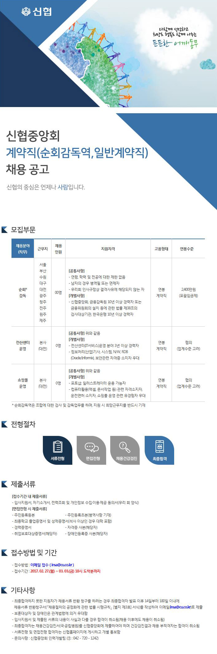 2017년 신협중앙회 계약직(순회감독역, 일반계약직) 채용 공고