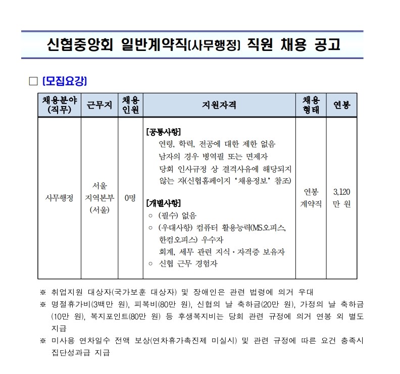 2025년 신협중앙회 일반계약직(사무행정-서울) 채용 공고